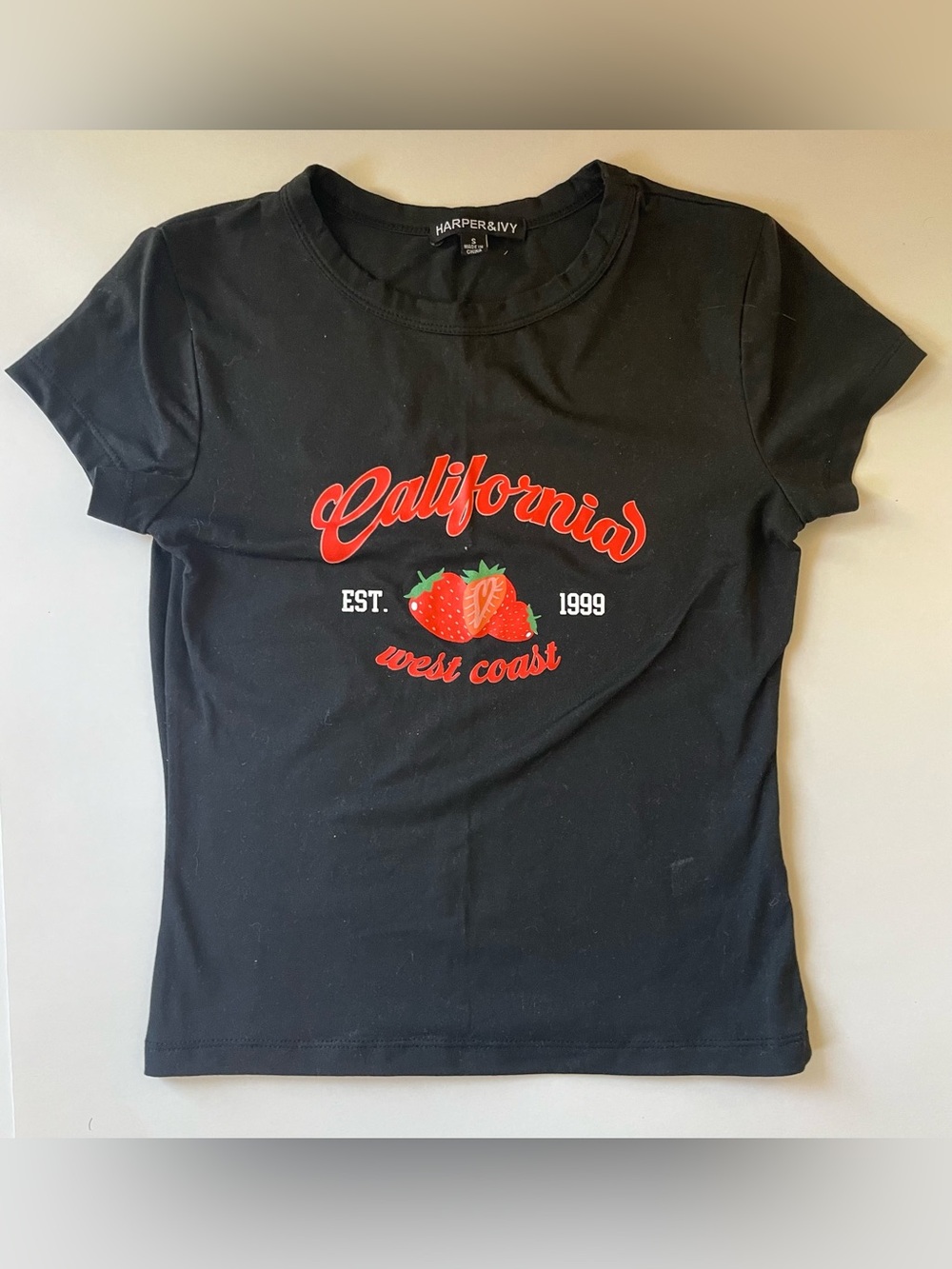 Black "California" Graphic Baby Tee with Red Strawberry Print